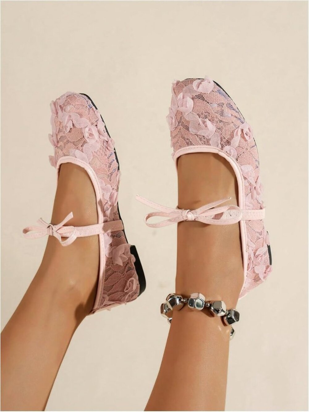 Women's Pink Closed Toe Floral Lace Mesh Comfortable Pull On Ballet Flats - Picture 5 of 5